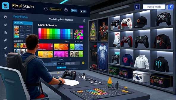 An artistic depiction of a virtual design studio interface with a gamer creating custom merchandise designs, selecting colors and patterns, with a variety of gaming-themed products displayed in the background, illustrating the creative and personalized nature of PixelCraft Creations.