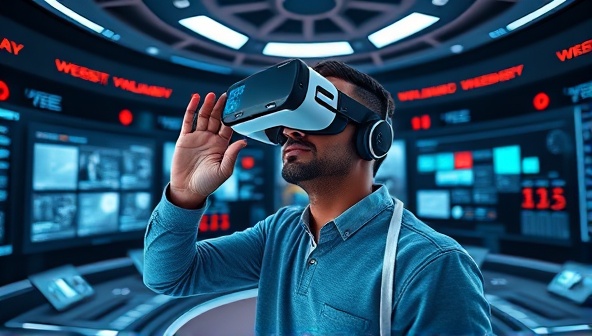 An immersive VR environment with a client wearing a headset, exploring a 3D representation of their website design, surrounded by futuristic digital interfaces and design elements, highlighting the interactive and innovative nature of VRWebWorks.