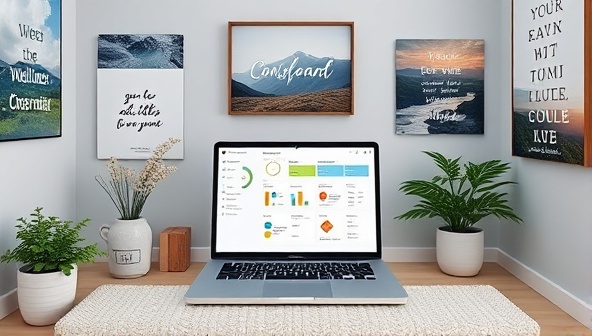 A serene virtual consultation room with a laptop displaying a wellness dashboard, surrounded by images of nature and inspirational quotes, creating a calming and inviting environment for clients.