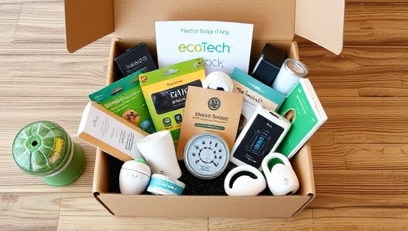 An enticing subscription box filled with energy-saving gadgets and devices, elegantly packaged and ready for delivery, showcasing the variety and appeal of the EcoTech Box offerings to subscribers.