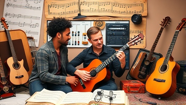 An inspiring virtual music lesson scene with a passionate music instructor teaching a student how to play a musical instrument via video call, surrounded by musical notes, instruments, and a creative musical atmosphere, nurturing talent and musical expression.