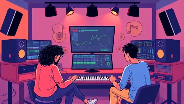 A dynamic digital illustration of a virtual music production session, with members collaborating on a songwriting project and mixing music tracks online, showcasing the collaborative and creative essence of MelodyCraft Collective as a vibrant music community for aspiring artists and producers.