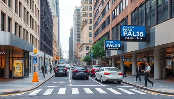 A busy urban street transformed into a smart parking hub, featuring automated parking systems and valet attendants assisting drivers, with digital signs displaying available parking spots and real-time occupancy data, illustrating the convenience and efficiency of ParkWise Solutions' smart parking services.