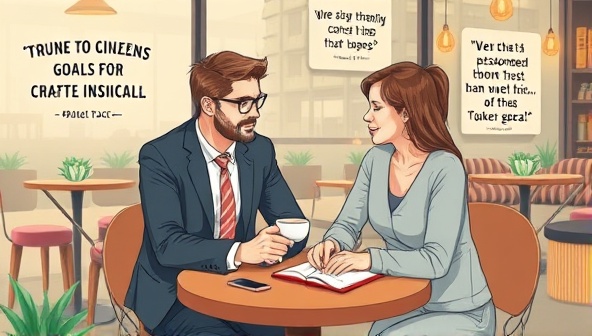 An illustration of a financial coach sitting with a client at a cozy coffee shop, discussing financial goals and strategies on a notepad, surrounded by motivational quotes and symbols of financial growth, conveying trust and personalized guidance in wealth management.