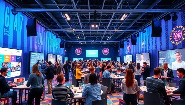 An immersive virtual event space customized for a specific niche community, featuring interactive elements, themed decorations, and enthusiastic attendees engaging in virtual networking and activities, capturing the essence of niche virtual events.