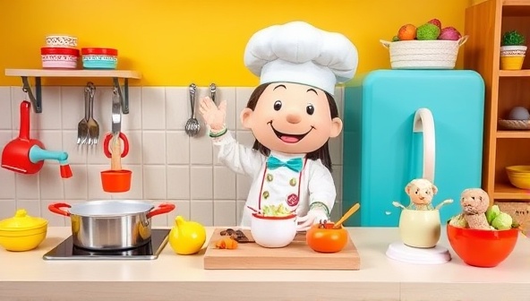 A colorful and playful kitchen setup with child-sized cooking utensils, bright ingredients, and a smiling chef mascot, creating a fun and inviting atmosphere for kids to explore cooking adventures.