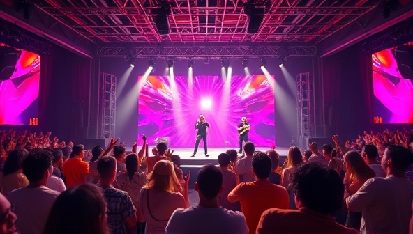 A virtual concert venue in VR SoundStage showcasing a digital stage with virtual avatars of musicians performing live, surrounded by a virtual audience of fans interacting and cheering in a vibrant and dynamic virtual setting, capturing the energy and excitement of a virtual music performance.