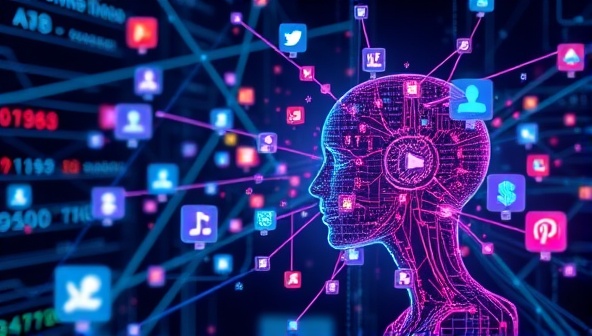 An artistic representation of a futuristic AI system analyzing social media data streams and generating personalized content suggestions, blending technology and creativity seamlessly.