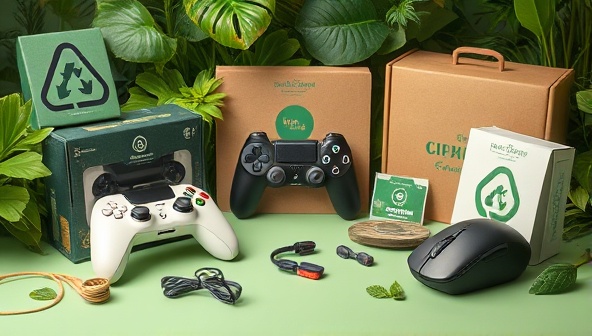 An artistic depiction of eco-friendly gaming accessories, featuring biodegradable controllers, bamboo gaming mice, and recycled packaging, surrounded by lush greenery and natural elements to convey the brand's commitment to sustainability and environmental responsibility.