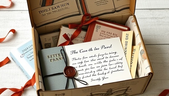 An elegant literary subscription box adorned with book-themed illustrations, a wax seal, and a handwritten note, containing a selection of books, bookmarks, and literary treasures, inviting subscribers to embark on a journey of bookish delights and reading adventures.