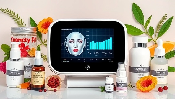 A sleek and modern skincare analysis device displaying digital skin metrics, surrounded by a variety of skincare products and botanical extracts, symbolizing the fusion of technology and nature in personalized skincare recommendations.