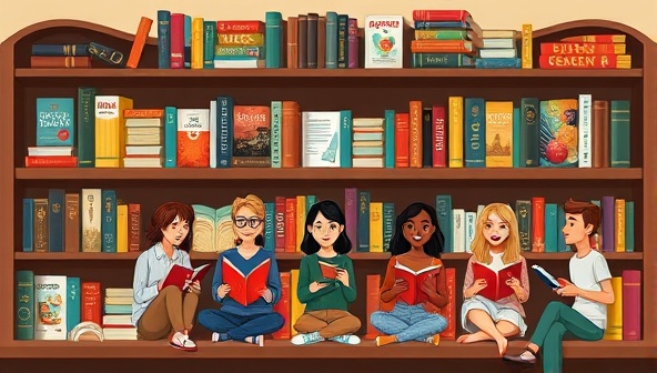 An animated bookshelf displaying a collection of diverse genres with virtual avatars of readers engaged in lively book discussions and author interactions, capturing the vibrant and interactive book club experience offered by PagePals' virtual platform.