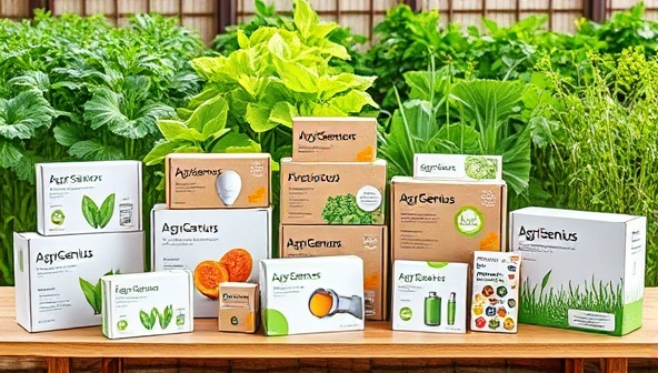 An assortment of AgriGenius Boxes displayed on a wooden table, showcasing the diverse range of agri-tech products like smart sensors, precision tools, and sustainable farming guides, with a backdrop of flourishing crops and garden plants, illustrating the blend of technology and agriculture in a modern farming context.