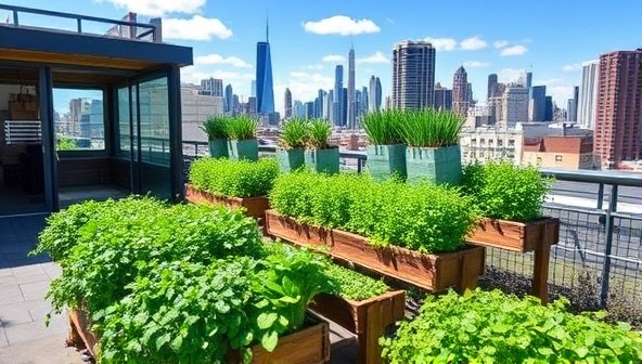 A vibrant rooftop setting with a bustling farm stand showcasing an array of fresh greens and herbs, with city skyline views in the background, capturing the essence of urban agriculture and sustainability at SkyHarvest Greens Market.