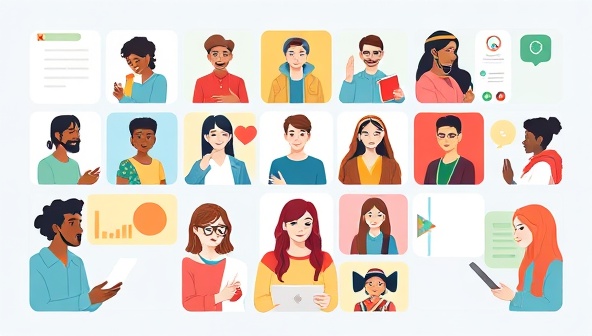 An engaging visual of users from different cultural backgrounds interacting on the LingoLink Virtual platform, participating in language lessons, cultural exchanges, and virtual language immersion experiences, illustrating the platform's diverse and interactive language learning environment.