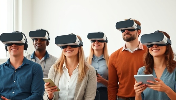 An image of a diverse group of individuals participating in a virtual clinical trial using VR headsets and digital devices, showcasing the convenience and accessibility of remote trial participation through TrialConnect.