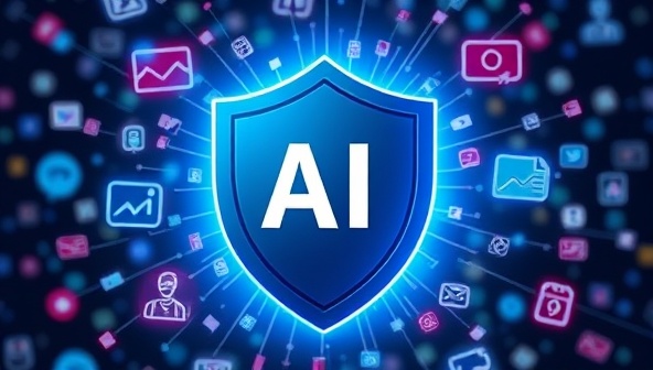 An AI-powered shield symbolizing content moderation and compliance, surrounded by digital content icons like posts, comments, and images, representing the protective and regulatory features of the AI-powered content moderation and compliance platform.