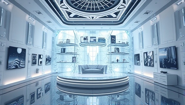 An artistic representation of a digital architectural NFT artwork displayed in a virtual gallery setting, with intricate design details and futuristic elements, highlighting the innovative and cutting-edge nature of architectural NFT art on ArchitectCanvas.