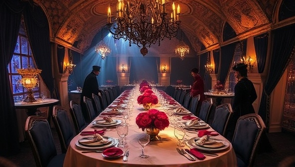 An enchanting image of an immersive dining event by Epicurean Odyssey Events, showcasing a beautifully decorated dining space with elaborate table settings, theatrical elements, and gourmet dishes served by costumed performers, creating a magical and immersive ambiance for guests to enjoy.