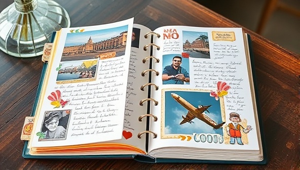 A charming image of a beautifully decorated travel scrapbook spread open on a table, showcasing colorful photos, handwritten notes, and intricate embellishments capturing the essence of a memorable travel experience, inviting viewers to embark on a journey of creativity and nostalgia.
