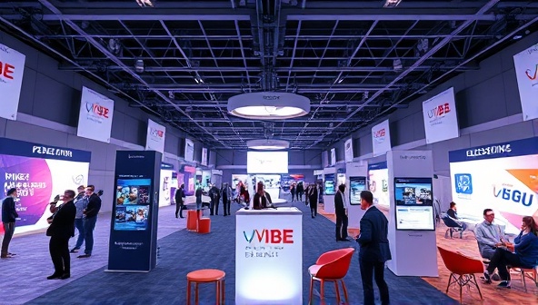 An immersive virtual event space with interactive booths, networking lounges, and engaging session areas, showcasing the dynamic and engaging virtual event experiences curated by VirtualVibeEvents for businesses seeking innovative event solutions in the digital landscape.