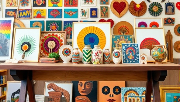An array of colorful, handcrafted art pieces displayed on a stylish wooden shelf against a backdrop of a local artist's workshop, exuding creativity and local charm.