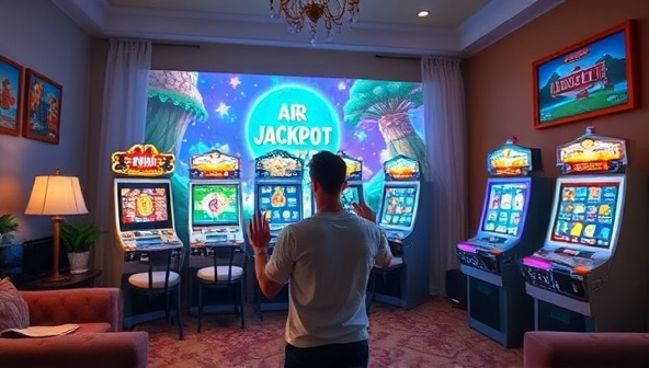 An immersive AR experience showcasing a player interacting with virtual slot machines projected into their living room, surrounded by vibrant visuals and exciting gameplay elements, capturing the magical and engaging world of AR Jackpot Quest for players of all ages.