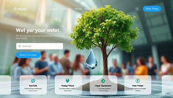 A vibrant online platform interface displaying water droplets turning into trees, symbolizing the impact of water conservation on the environment and community, with a diverse group of users engaging with the platform features in the background.