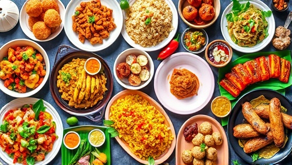 A colorful and appetizing food collage featuring a variety of dishes from different cuisines, beautifully presented on a table, conveying the diversity and convenience offered by FoodNest's local food delivery aggregator platform.