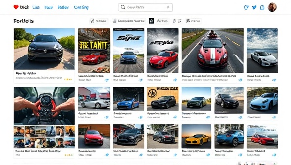 An online portfolio display featuring a variety of automotive content, including videos, articles, and social media posts from diverse creators, showcasing their unique styles and perspectives on cars, driving engagement and collaboration within the community.