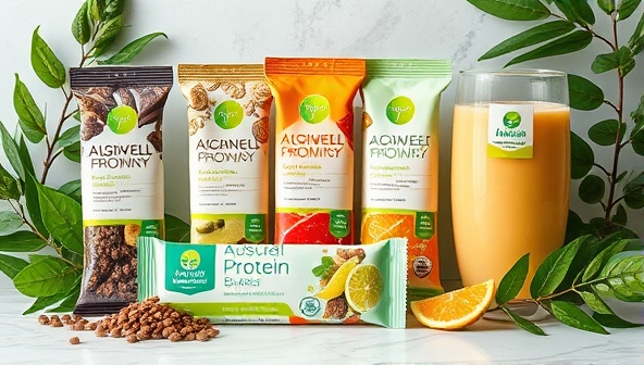 A series of vibrant algae-based protein bars and shakes displayed in a modern, eco-friendly packaging design, surrounded by natural elements like algae samples and green leaves, illustrating the nutritional and sustainable appeal of AlgaeHarvest Innovations' products.