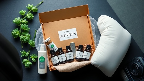 An artistic flat lay image featuring a beautifully arranged AutoZen Box with calming essential oils, car detailing products, a cozy travel pillow, and a sleek dashboard air freshener, conveying a sense of relaxation and automotive care in one package.