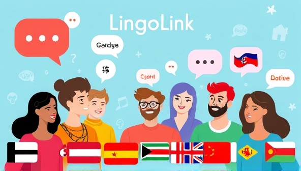 An engaging digital illustration featuring diverse avatars engaging in language exchange sessions on LingoLink Connect, with speech bubbles in different languages, cultural icons, and virtual flags representing the global community of language learners connecting and learning together.