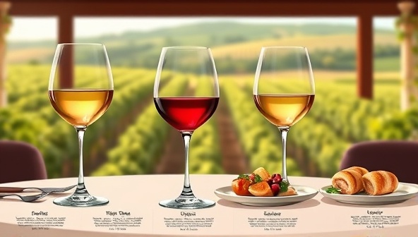 A sophisticated digital illustration showcasing a virtual food and wine pairing session with elegant tasting glasses, gourmet bites, and tasting notes, set against a backdrop of a vineyard or culinary setting, evoking a sense of luxury and culinary refinement.