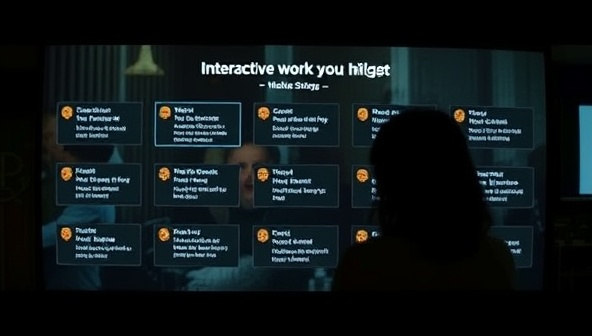 An interactive movie streaming interface showcasing a scene from a film with multiple interactive choices displayed on-screen, inviting viewers to make decisions that impact the storyline, creating a dynamic and engaging cinematic experience.