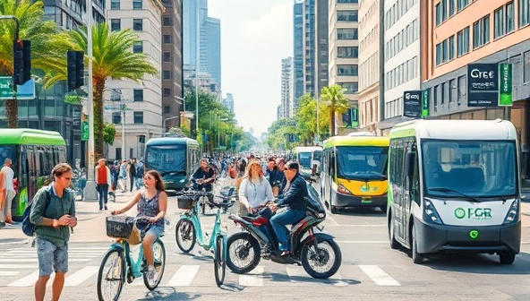 A dynamic visual representation of the GreenCommute Club service featuring a variety of energy-efficient transportation options like electric bikes, scooters, and shared vehicles in a bustling urban setting, with diverse commuters enjoying green mobility solutions and reducing environmental impact, symbolizing sustainable urban transportation.