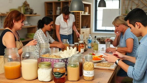 An inviting workshop setup with fermentation jars, ingredients, and workshop participants actively engaging in the fermentation process, showcasing the hands-on and educational nature of Fermentique's DIY kits and workshops, promoting a sense of exploration and discovery in food fermentation.