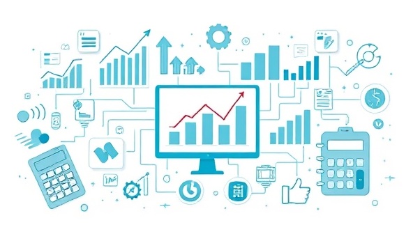 An illustration of data analytics charts and graphs interconnected with accounting symbols like calculators and ledgers, representing the synergy between technology and accounting practices, conveying a message of innovation and data-driven decision-making in accounting firms.