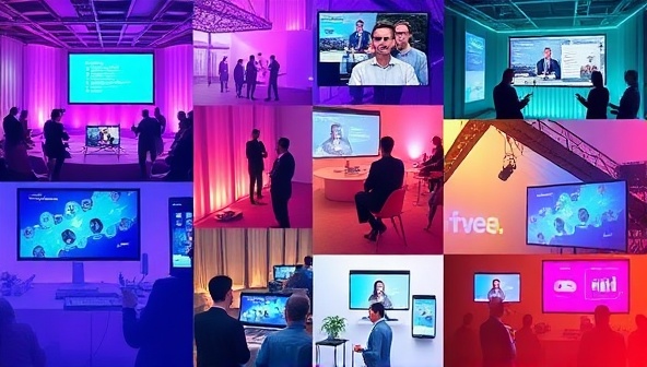 A vibrant digital collage illustrating a diverse range of virtual events, such as a virtual conference, online networking session, and interactive webinar, conveying innovation and connectivity in the virtual event space.