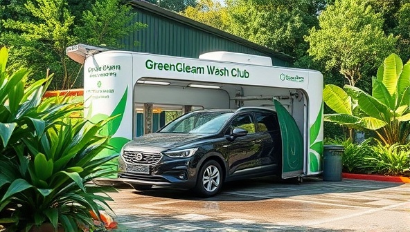 A mobile eco-friendly car wash unit surrounded by lush greenery, using water-saving technologies and biodegradable products, creating a harmonious blend of sustainability and cleanliness, reflecting the essence of the GreenGleam Wash Club service.