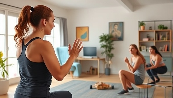 An energetic fitness coach leading an online workout session with participants following along from their homes, showcasing a dynamic and motivating virtual fitness experience.