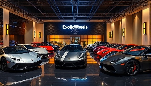 An elegant and luxurious setting featuring a lineup of exotic and luxury cars available for rent, displayed in a prestigious showroom environment with high-end decor and lighting to convey the premium and exclusive nature of the ExoticWheels Rental Hub.