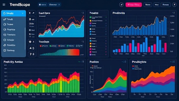 An interactive dashboard displaying real-time social media trends, colorful data visualizations, and predictive analytics charts, showcasing the powerful insights and trend forecasting capabilities of TrendScope AI in the dynamic social media landscape.