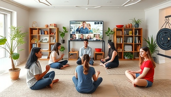 A virtual wellness center setting with college students engaging in wellness coaching sessions, fitness activities, and mindfulness practices, surrounded by healthy food options, workout equipment, and positive affirmations, fostering a culture of well-being and balance in the college community.