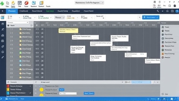 A dynamic software interface showcasing a construction project timeline populated with tasks, milestones, and resource allocations, alongside collaboration tools like chat and file sharing, illustrating the software
