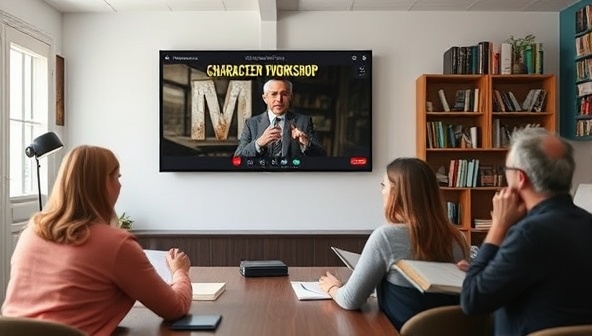 An image of a virtual writing masterclass session with a bestselling author leading a workshop on character development, with participants actively engaging in the discussion and taking notes, creating a dynamic and educational learning environment for writers seeking to enhance their craft.