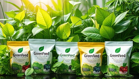 An artistic representation of lush, thriving plants nourished by GreenFeed Solutions plant-based fertilizers, with packaging designs featuring natural motifs and eco-friendly materials, conveying a harmonious blend of sustainability and growth, with a subtle logo of GreenFeed Solutions symbolizing environmental consciousness and plant health.