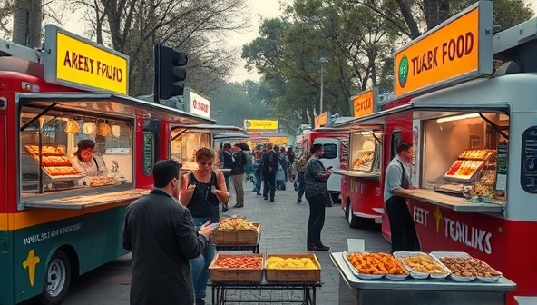 A dynamic street food scene showcasing a diverse array of food trucks serving up tantalizing dishes, with customers ordering from their mobile devices and enjoying delicious meals outdoors, capturing the vibrancy and excitement of the food truck virtual marketplace.
