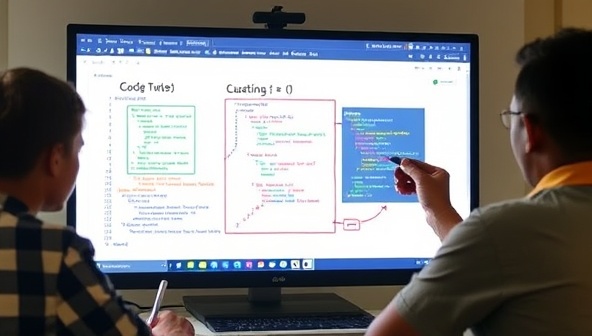 An interactive online tutoring session scene showing a tutor guiding a student through a coding exercise on a virtual whiteboard, with colorful diagrams and code snippets, illustrating the engaging and practical nature of SkillBoost Academy's specialized skill tutoring approach.