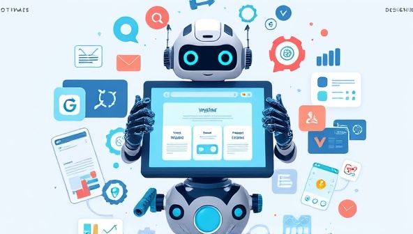 An AI-powered robot surrounded by various design elements, analyzing data inputs and generating customized web design templates on a digital screen, illustrating the efficient and personalized service provided by DesignBot Templates.